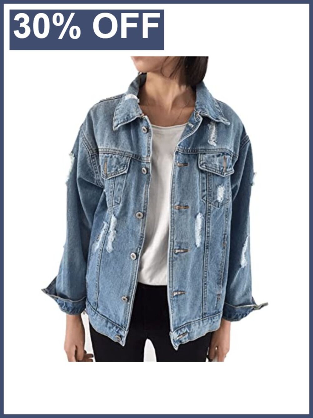 Oversized Distressed Denim Jacket Boyfriend Trucker Jean Coat